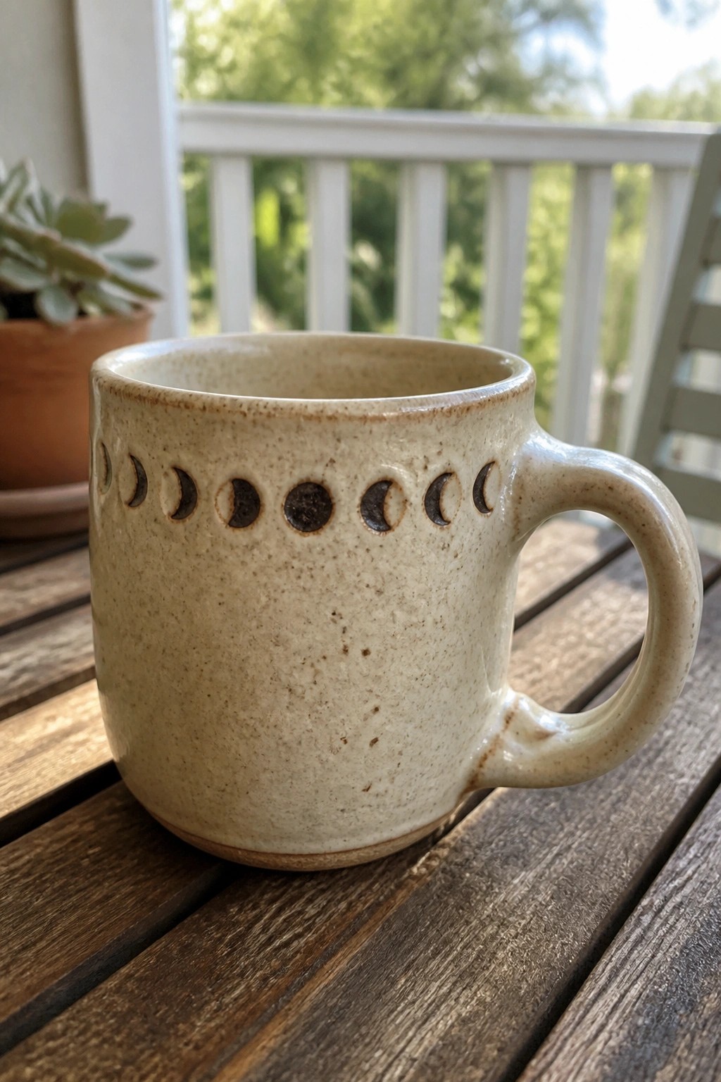 Speckled beige ceramic mug with moon phases on wooden outdoor table