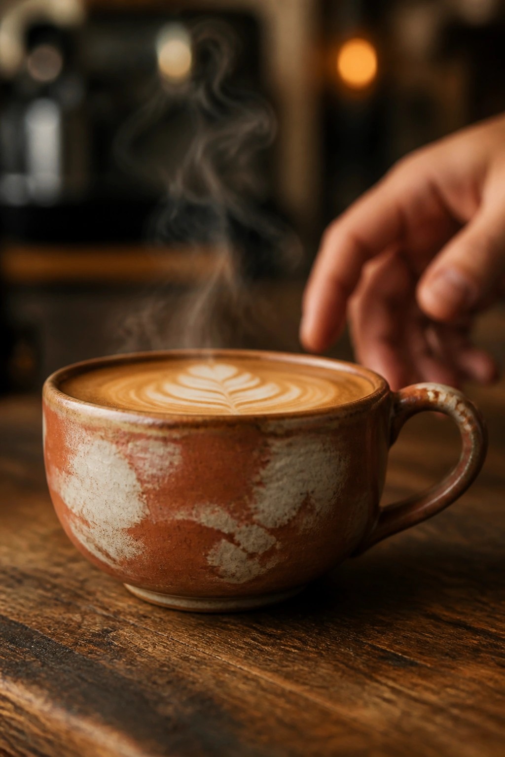 Steaming latte with leaf art in a rustic red and white ceramic mug