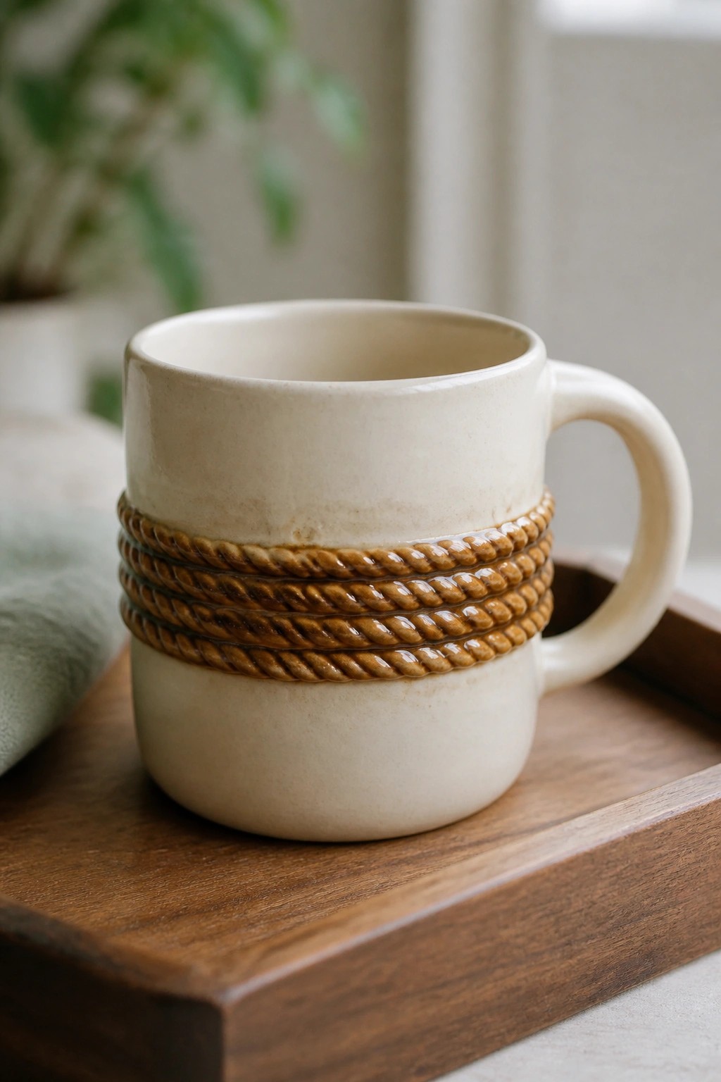 Cream ceramic mug with brown rope band on dark wooden tray