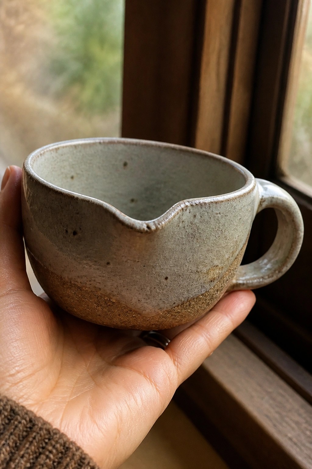 Hand in brown knit sleeve holds speckled ceramic cup with spout near window.
