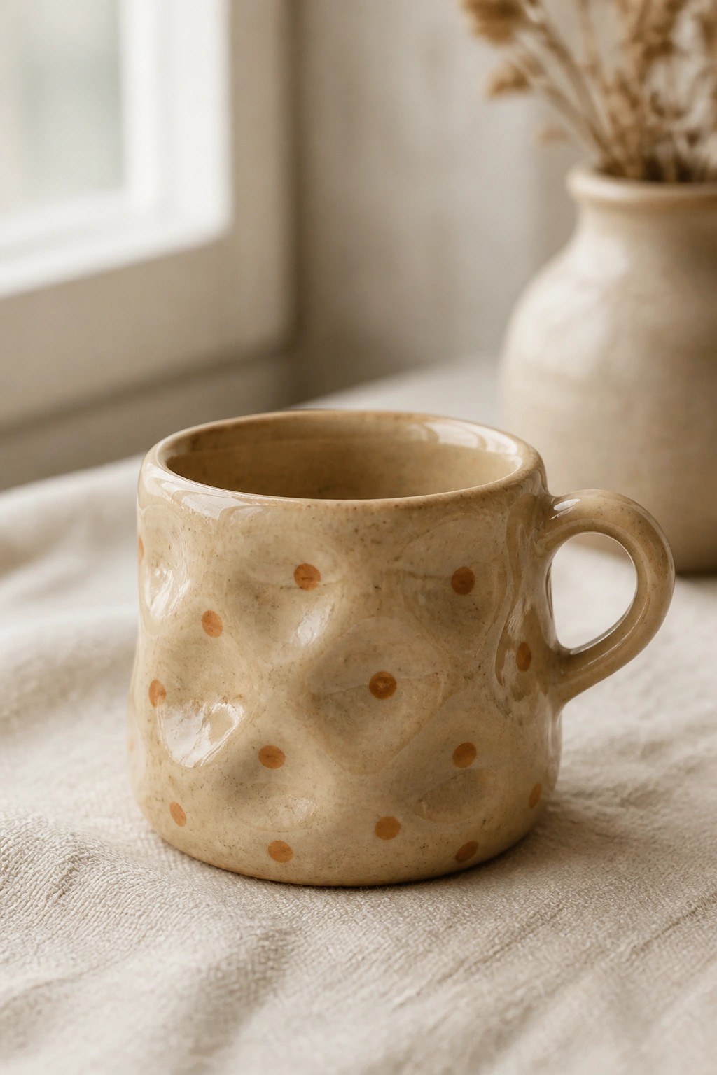 Beige ceramic mug with brown dots and handle on linen near window
