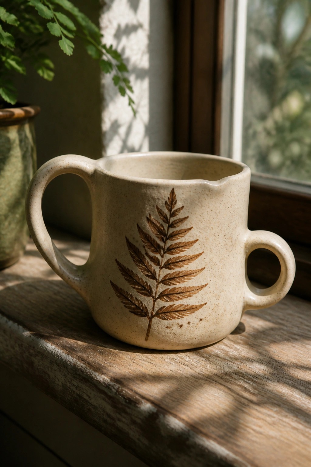 Speckled ceramic mug with brown fern print on sunlit wooden windowsill.