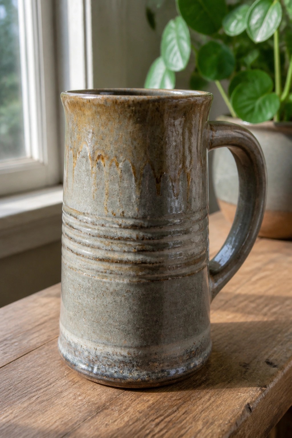 Rustic gray-brown ceramic mug with handle on wooden table near plant.
