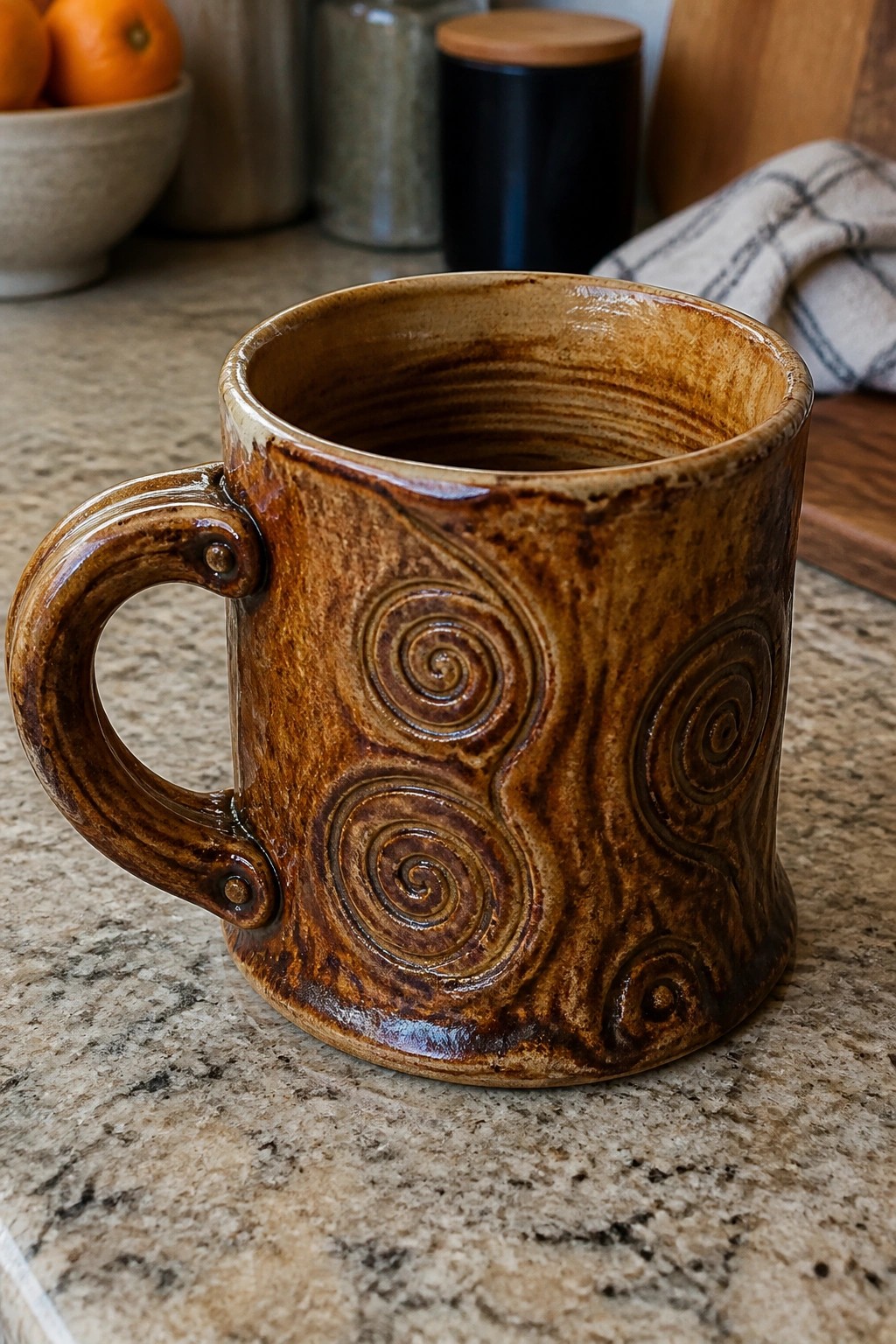 Rustic brown ceramic mug with embossed spirals on speckled granite countertop