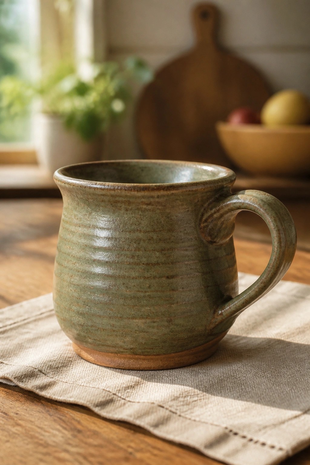 Green ceramic mug on linen napkin atop rustic wooden table in kitchen.