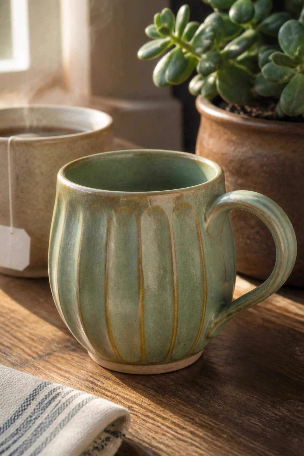 Green ribbed ceramic mug steaming on wooden table beside potted succulent and napkin