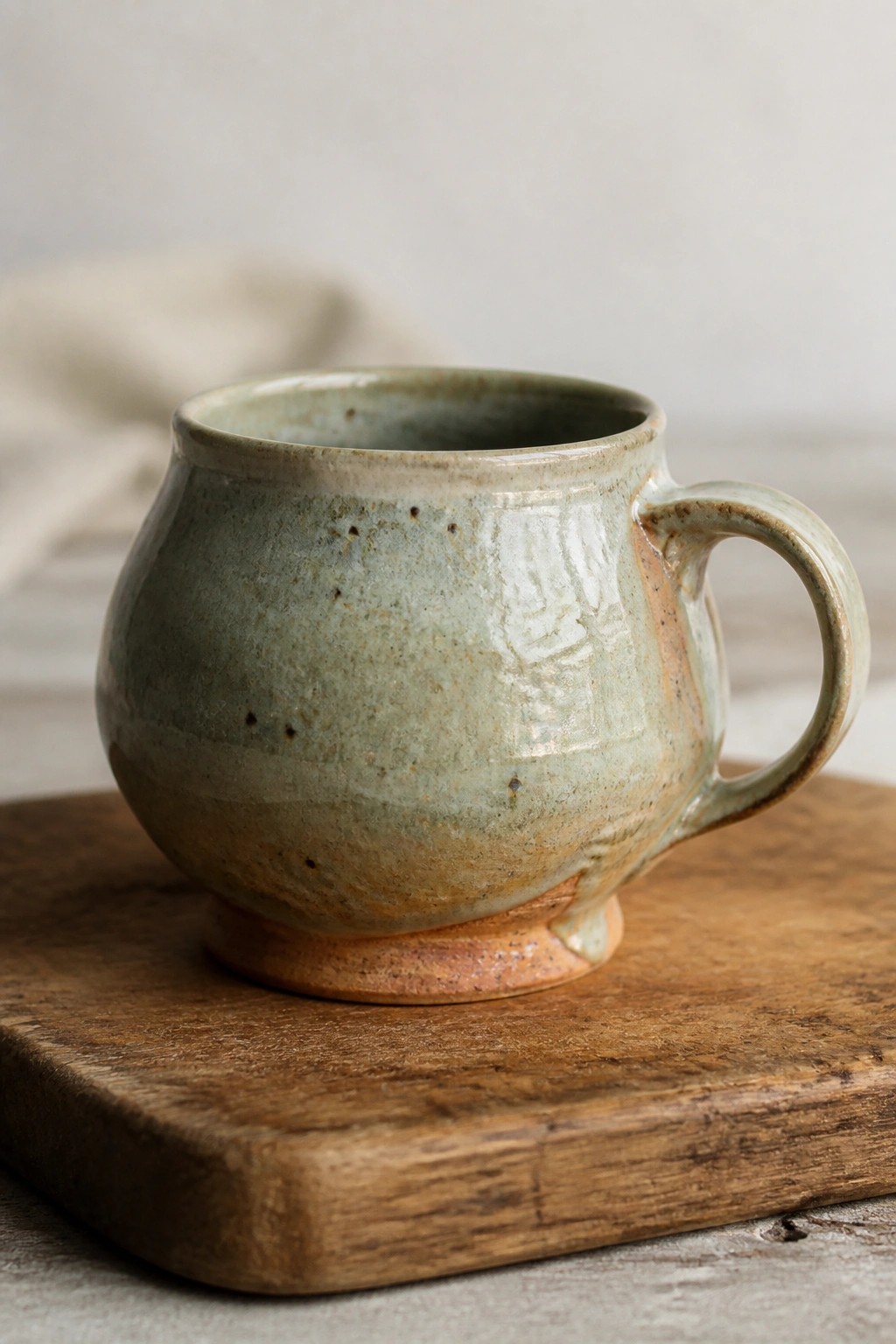 Handmade ceramic mug with speckled green glaze on rustic wooden board