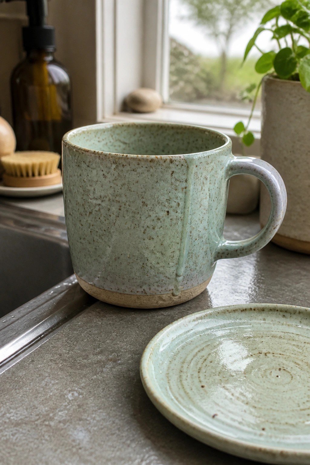 Light green speckled ceramic mug and saucer on gray kitchen counter by window