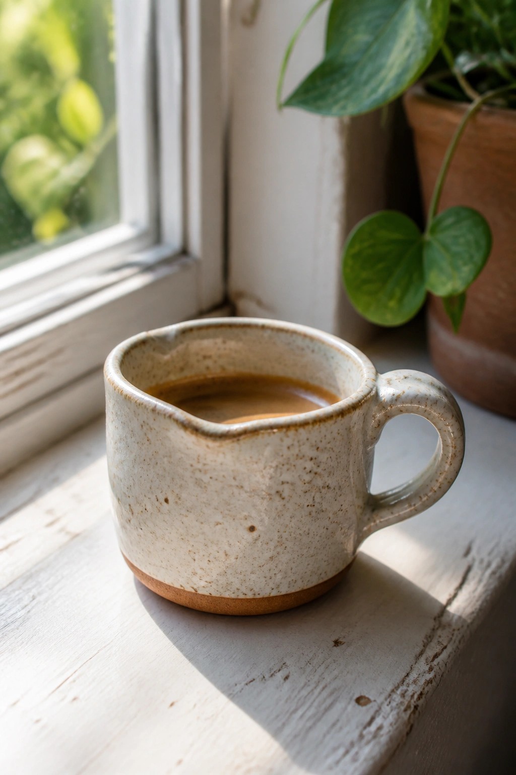 A speckled ceramic mug with a handle rests on a white wooden windowsill beside a potted plant.