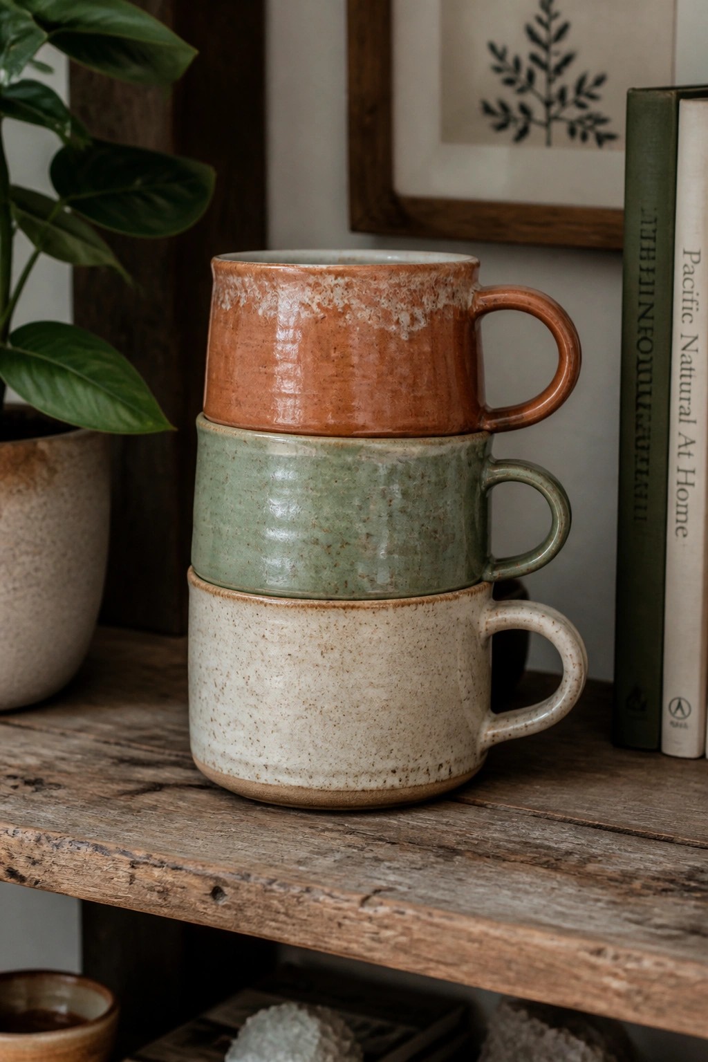 Stacked orange, green, and beige ceramic mugs on rustic wooden shelf