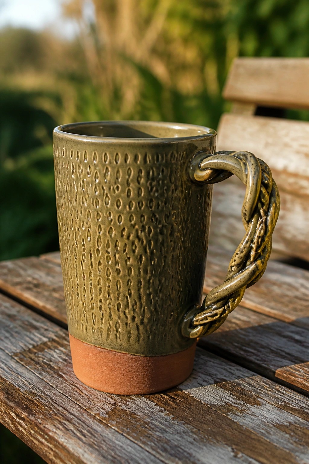 Green ceramic mug with braided handle and terracotta base on wooden table