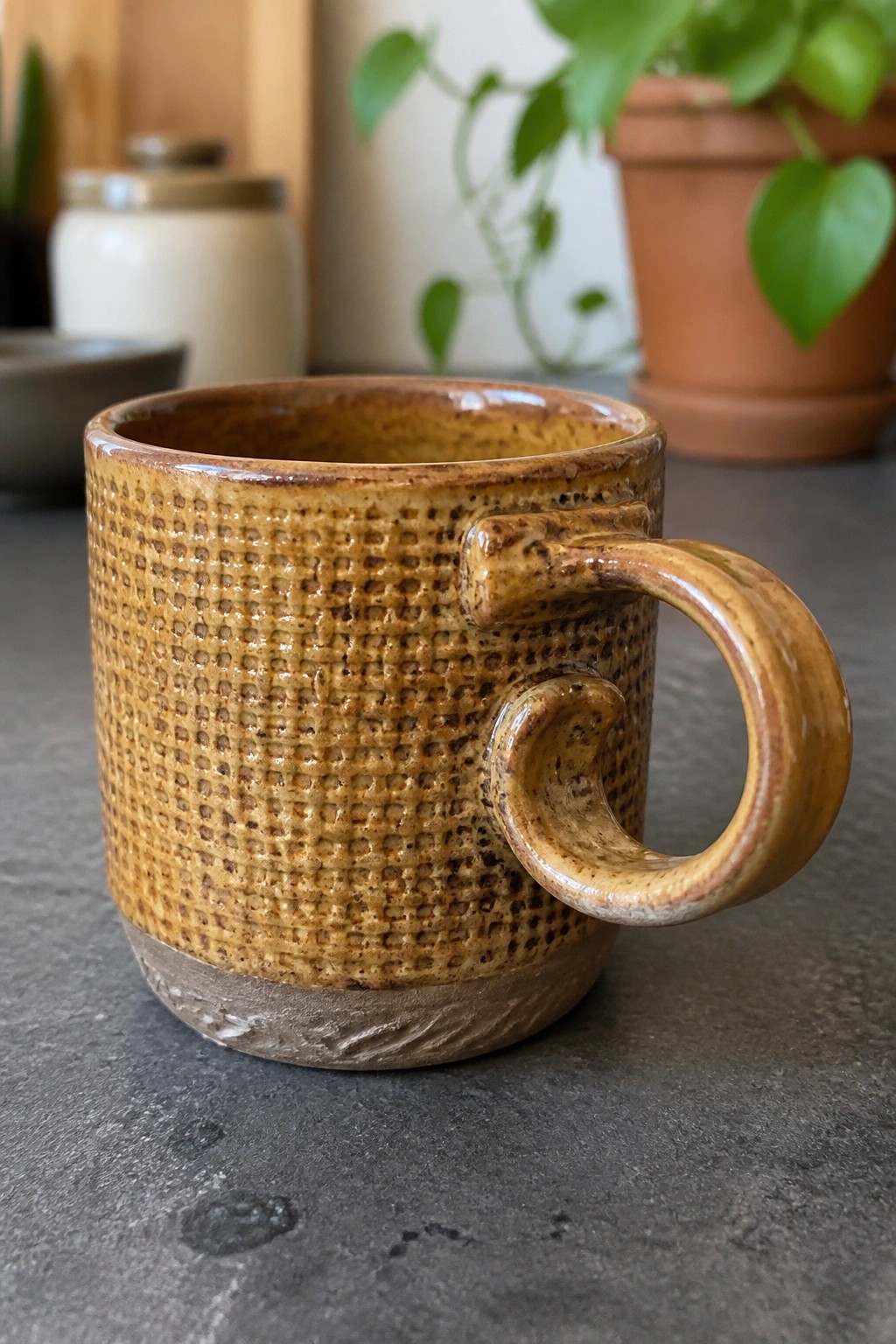 Brown ceramic mug with textured pattern and curved handle on dark surface.