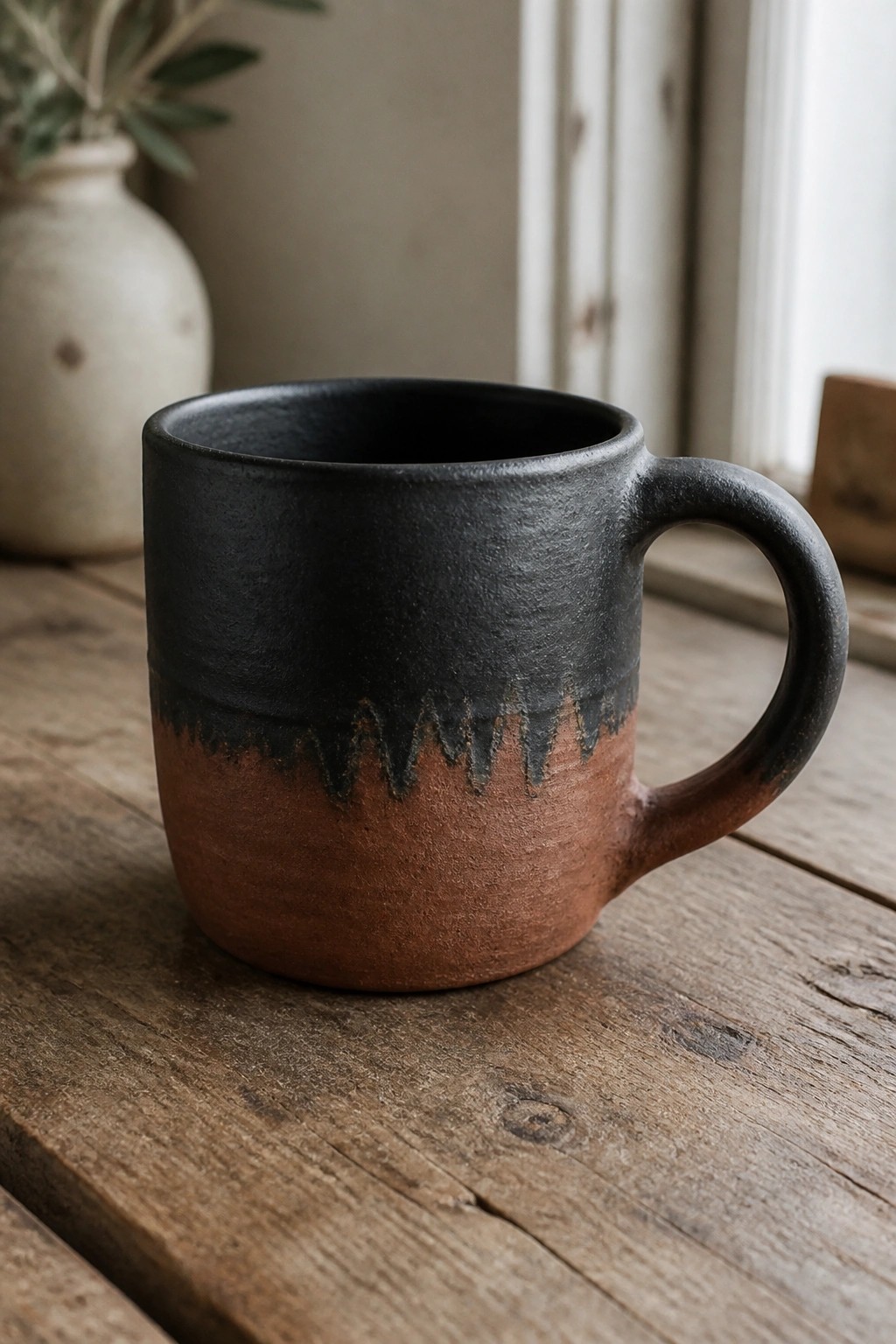 Black and terracotta ceramic mug on rustic wooden table with blurred vase.