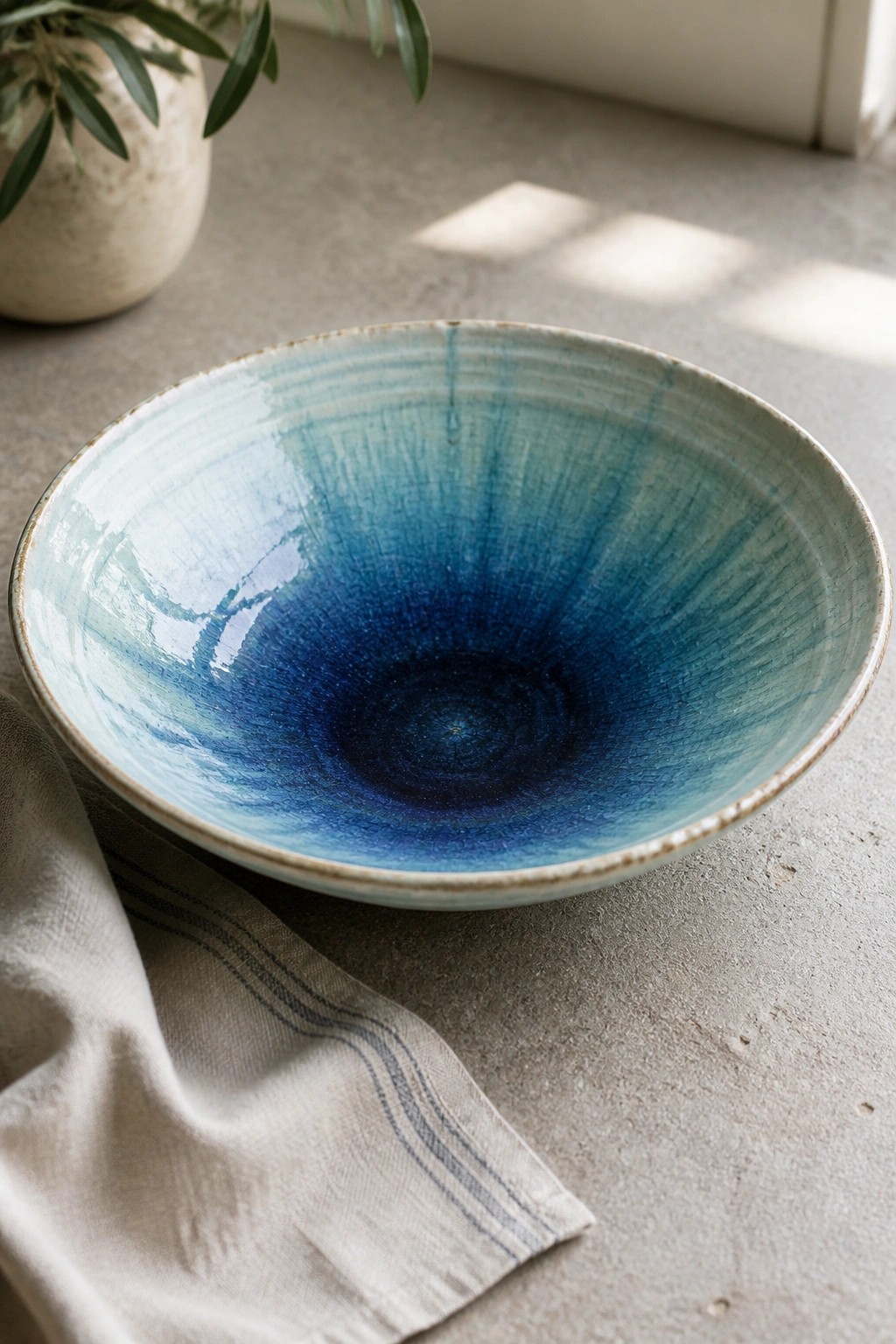 Blue ceramic bowl with crackled glaze on striped cloth near potted plant.