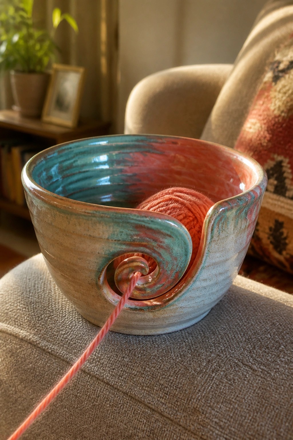 Ceramic yarn bowl with turquoise-red glaze holding pink yarn through spiral notch