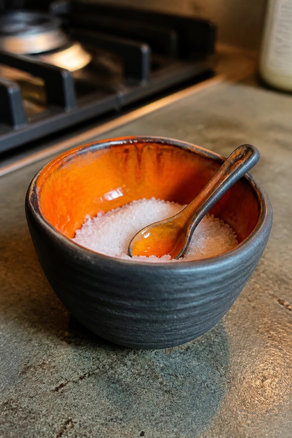 Dark ceramic bowl with orange interior filled with white salt and small spoon