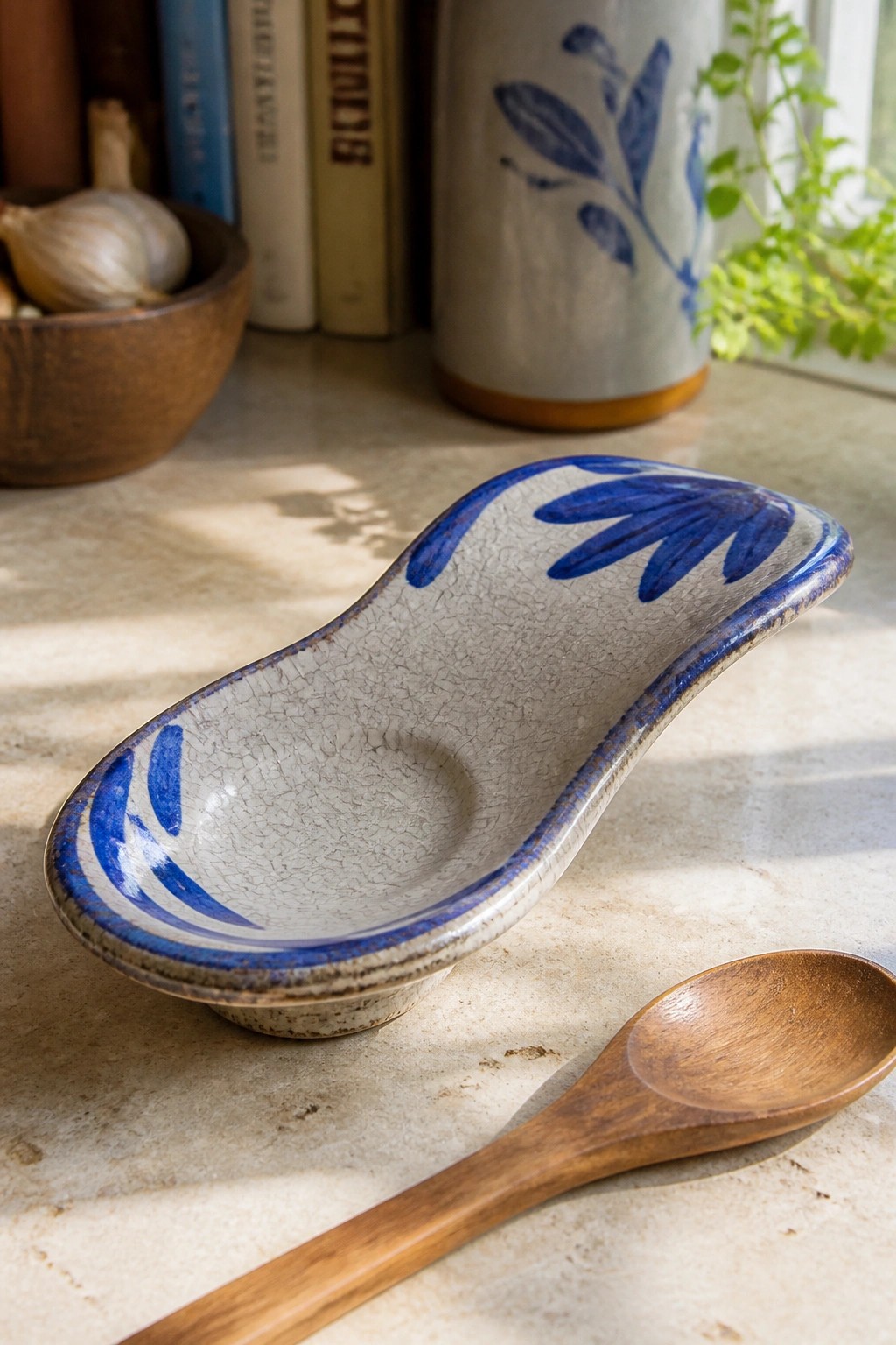 A handmade ceramic spoon rest with blue leaf brushwork on a crackled white glaze sits on a marble counter beside a wooden spoon.