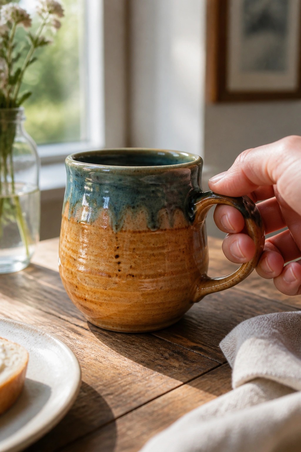 Hand holding rustic blue-brown ceramic mug on wooden breakfast table