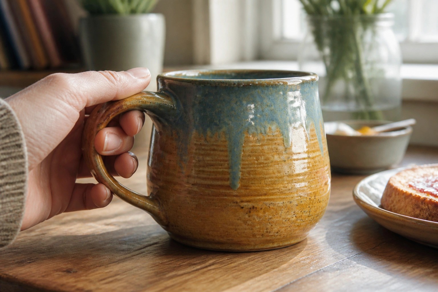 Hand holding rustic blue-brown ceramic mug on wooden breakfast table