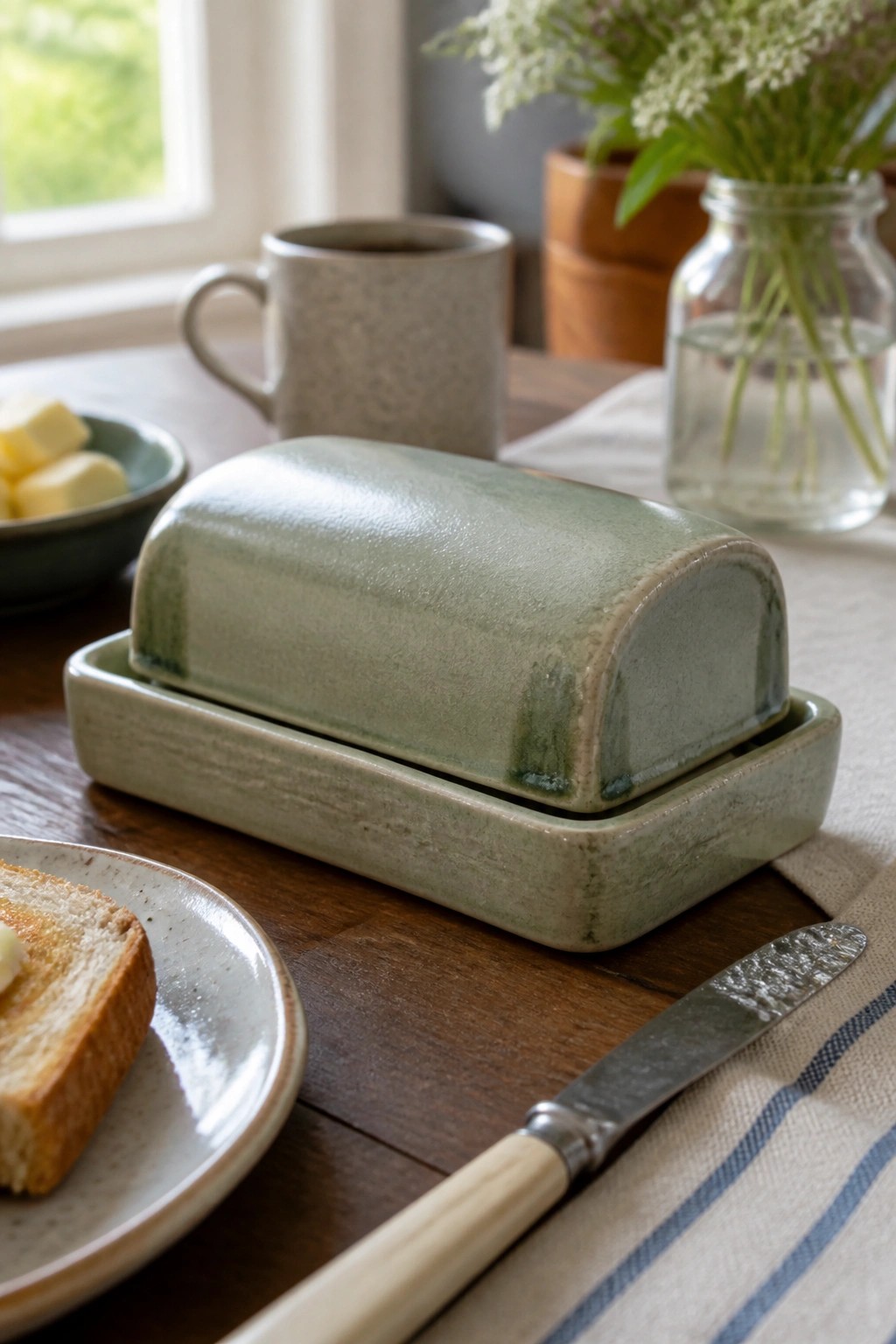 A green ceramic butter dish with lid sits on a wooden table beside toast and a butter knife.