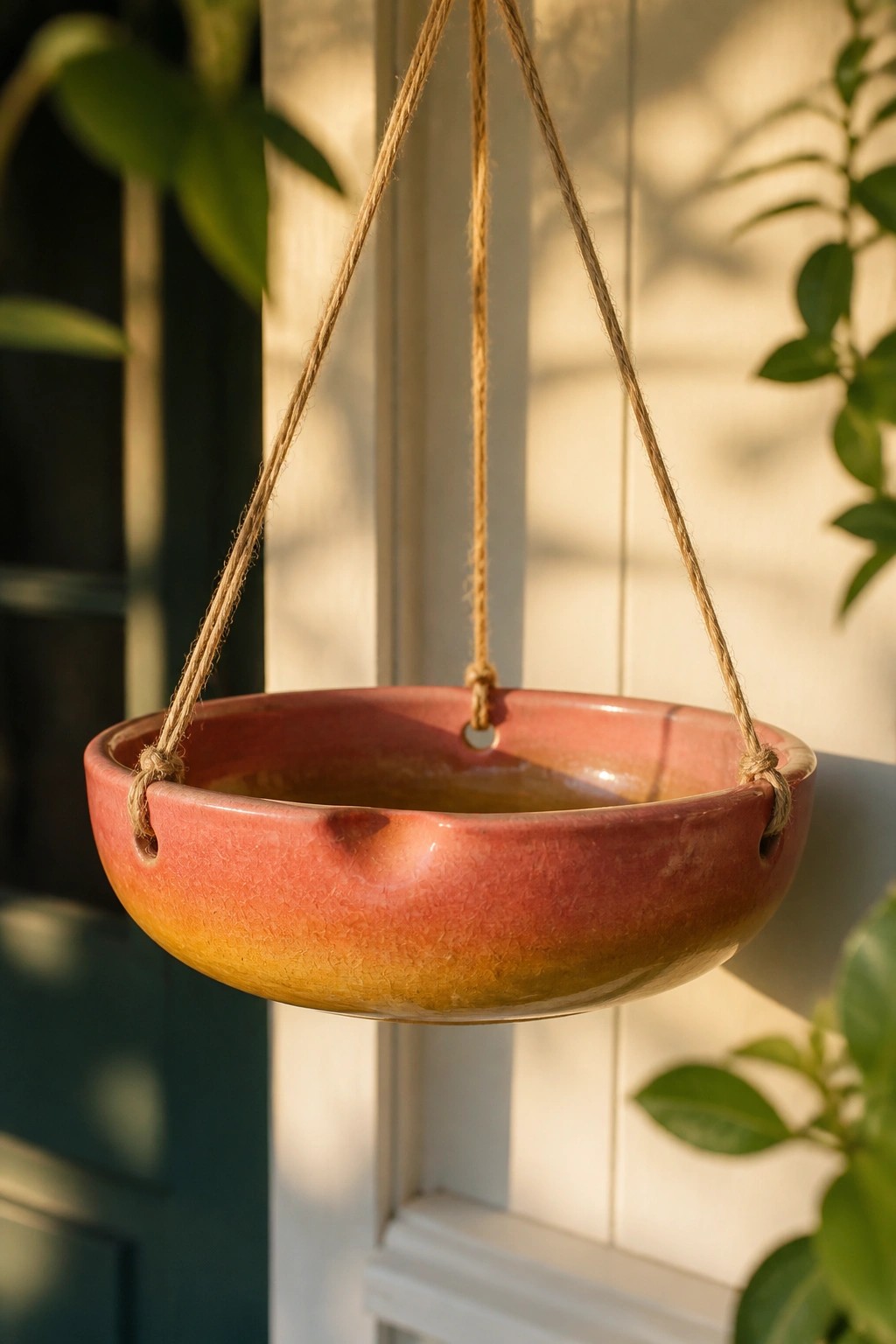 Gradient red-yellow ceramic bowl hanging by ropes in sunlight with plants.