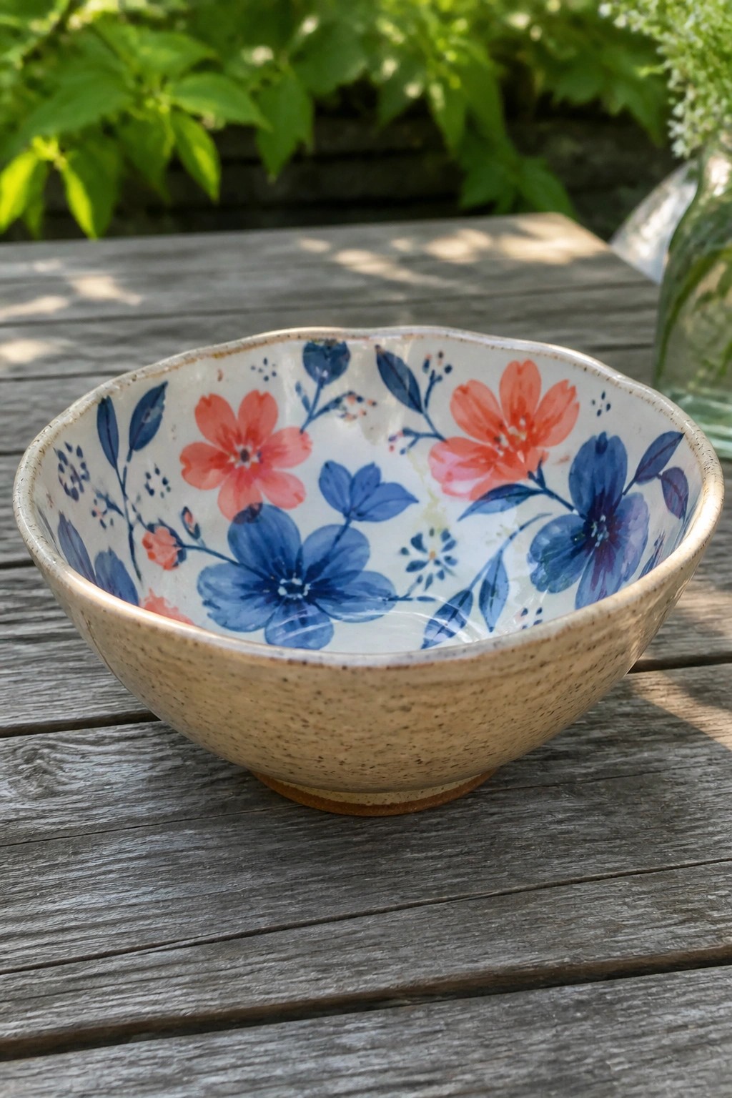 Ceramic bowl with blue and coral floral pattern on wooden garden table