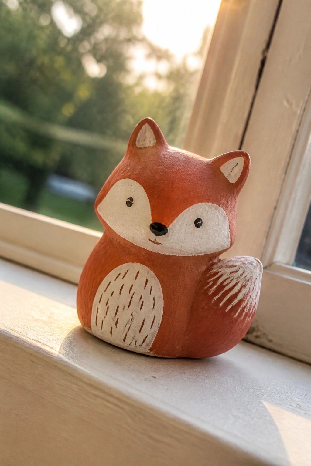 A small orange and white painted clay fox figurine sits on a wooden windowsill with soft natural light from outside.