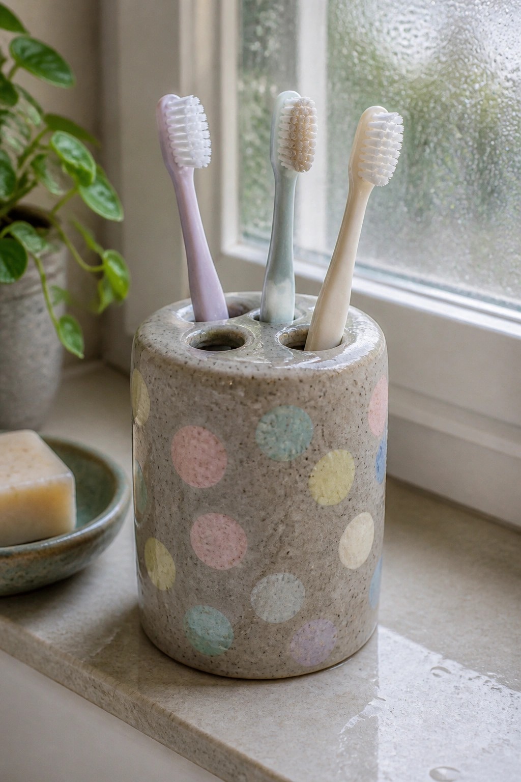 Three toothbrushes in polka-dotted ceramic holder on a wet windowsill.