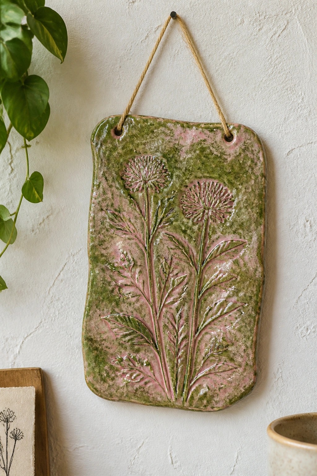 Green and pink ceramic plaque with embossed dandelions hanging on white wall