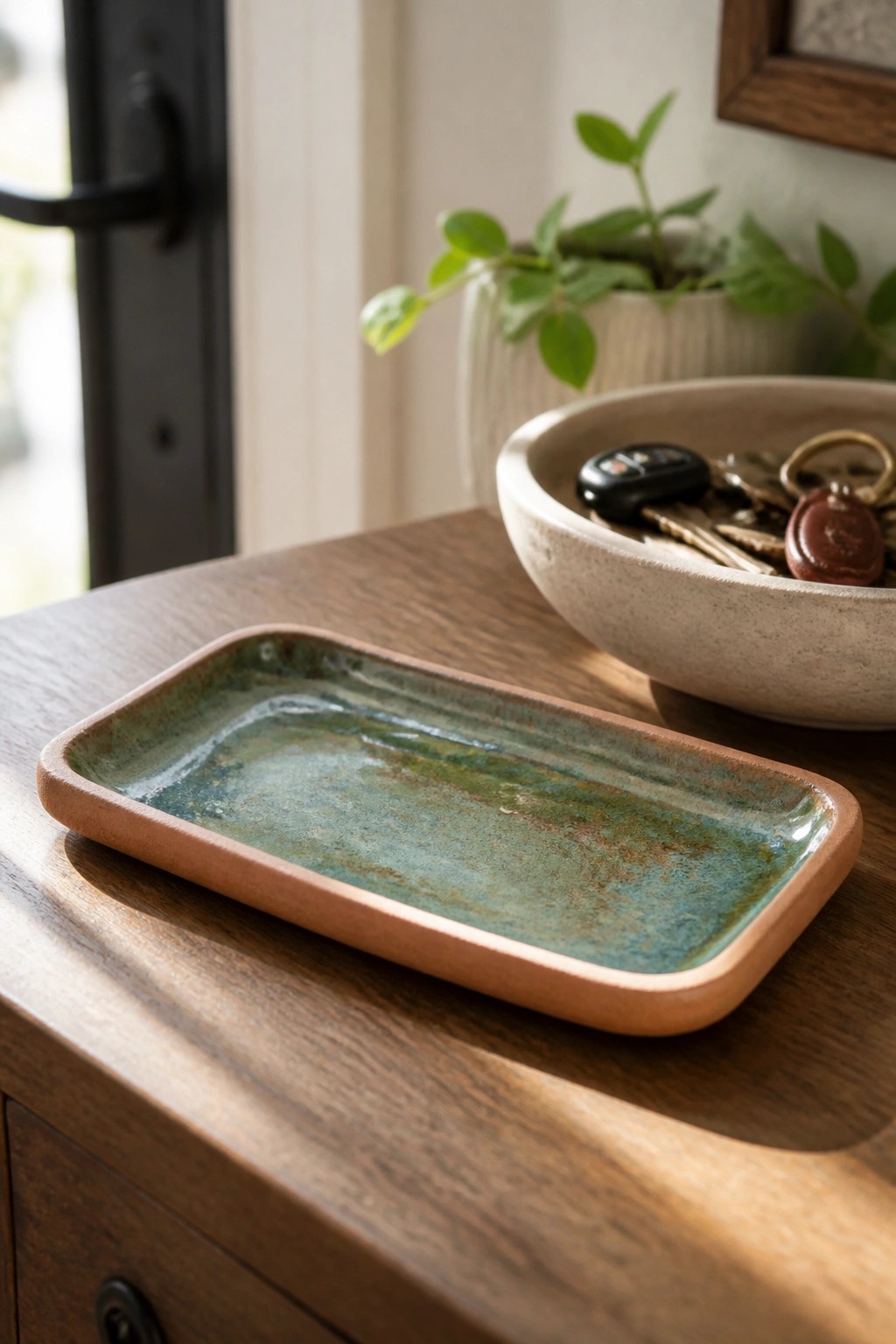 Rectangular teal ceramic tray on wooden table beside bowl of keys