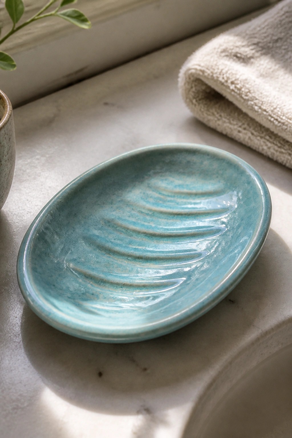 Teal ceramic soap dish on marble counter near folded towel and plant