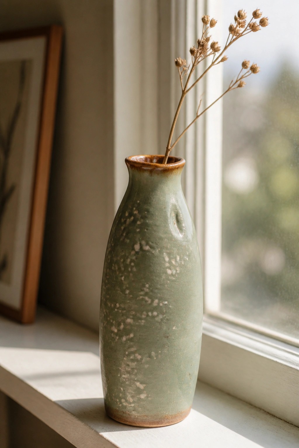 Speckled green ceramic vase with dried stems on sunlit windowsill.