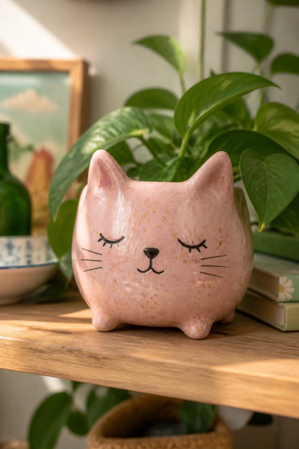 Pink cat-shaped ceramic planter with closed eyes on wooden shelf.