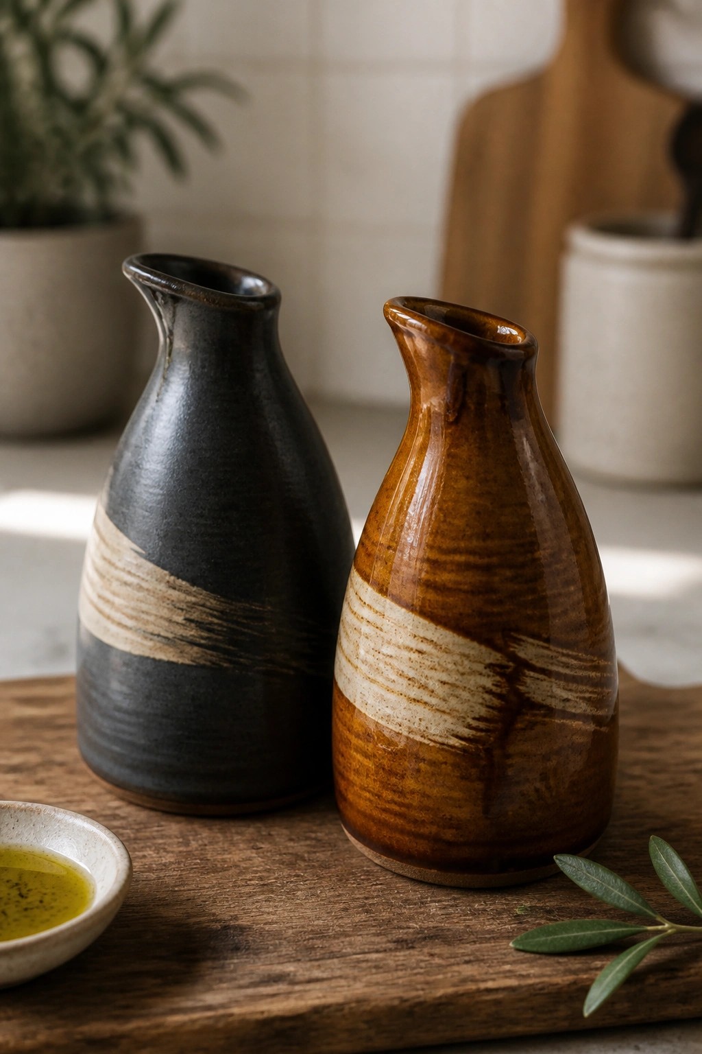 Two ceramic vases, black and brown with beige stripes, on wooden board.