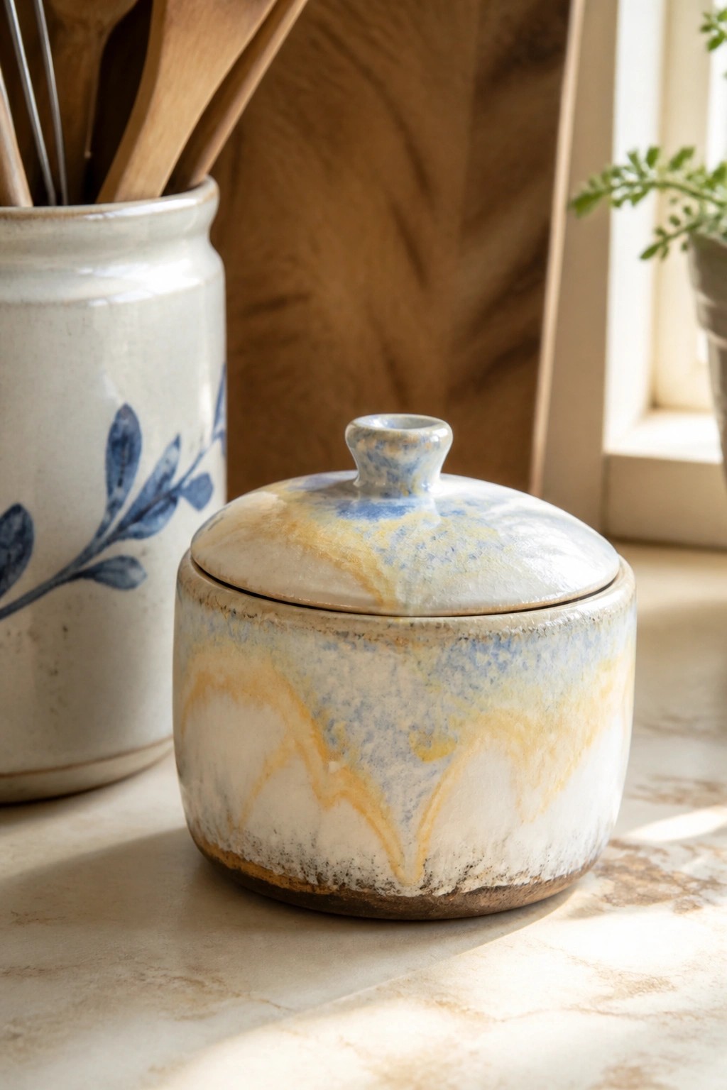 Ceramic lidded jar with blue-yellow glaze beside floral vase holding wooden utensils