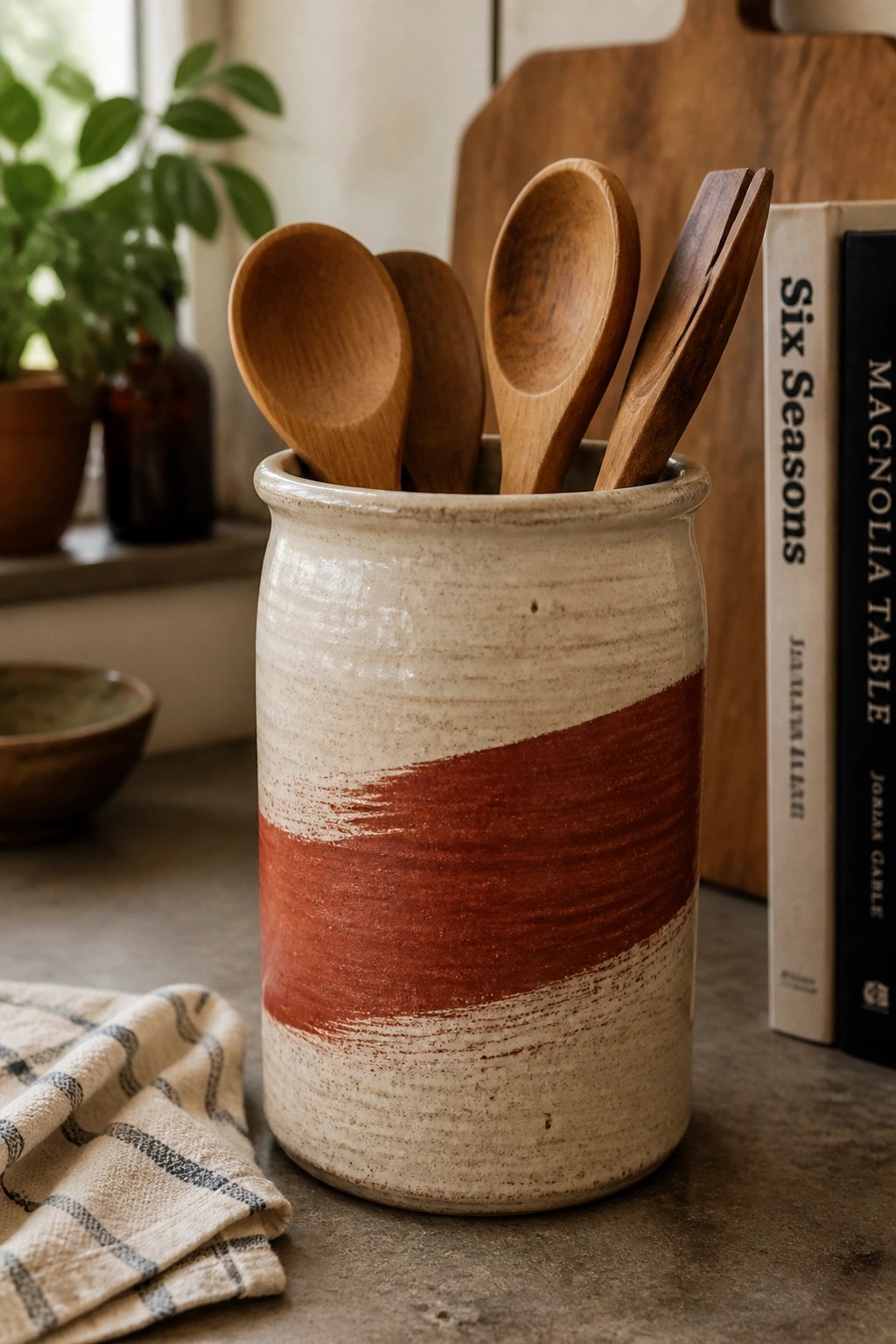 Rustic ceramic crock with red stripe holding wooden spoons beside cookbooks.
