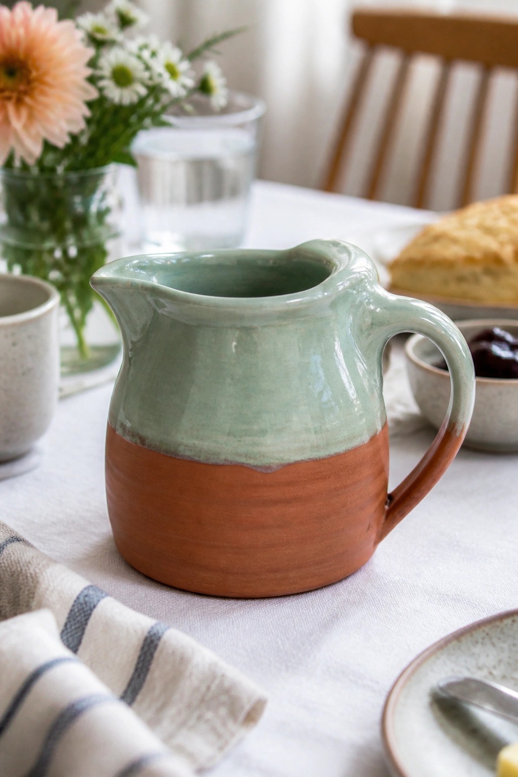 Green and terracotta ceramic pitcher on table with flowers and scones.