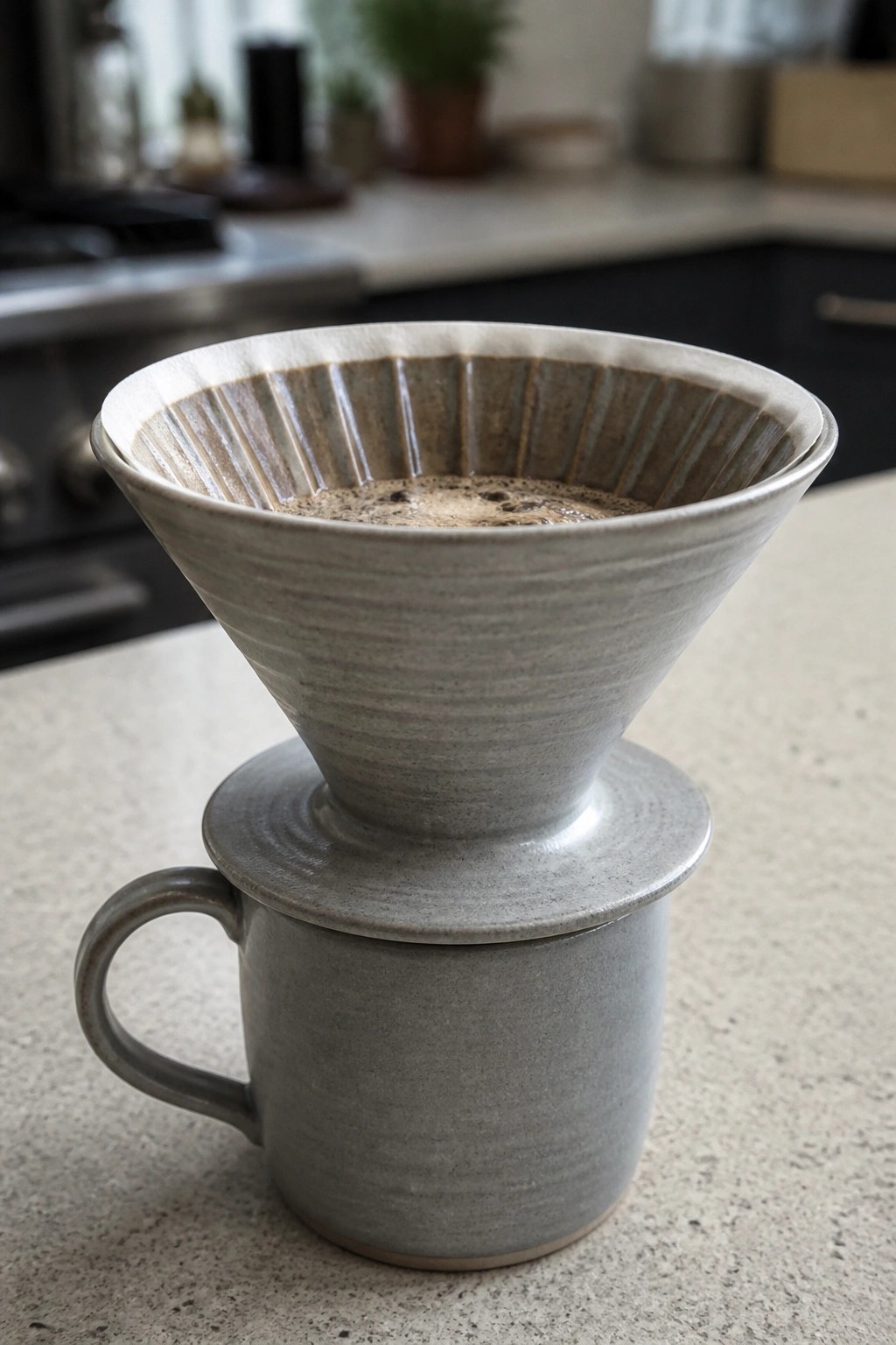 Ceramic pour-over dripper with coffee atop a matching gray mug on counter.