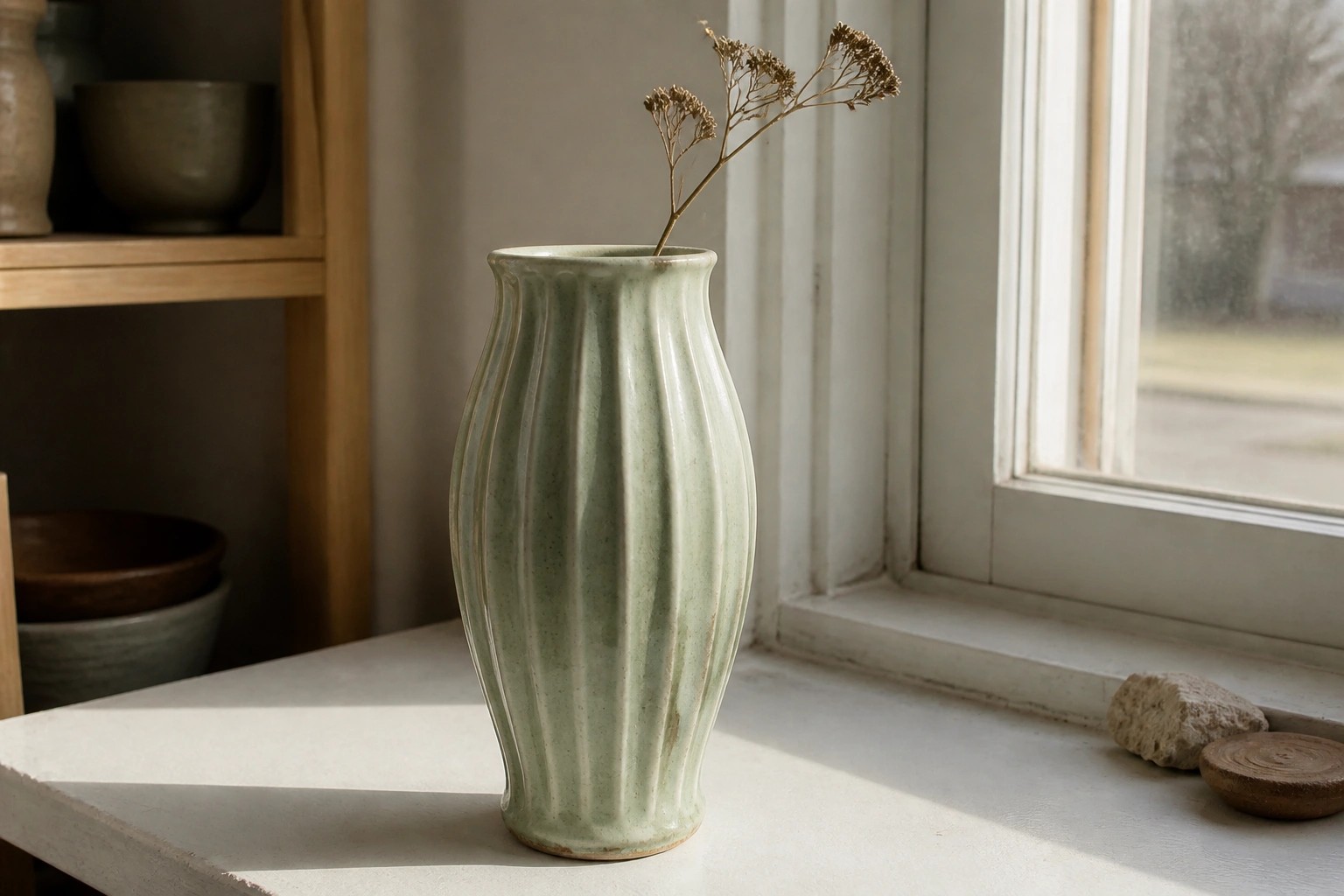 A light green ceramic vase with vertical ridges sits on a windowsill holding a dried flower stem.