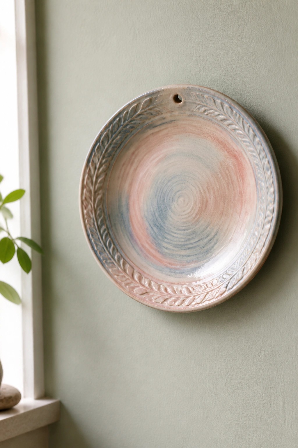 Pink and blue ceramic plate with leaf-patterned rim on pale green wall