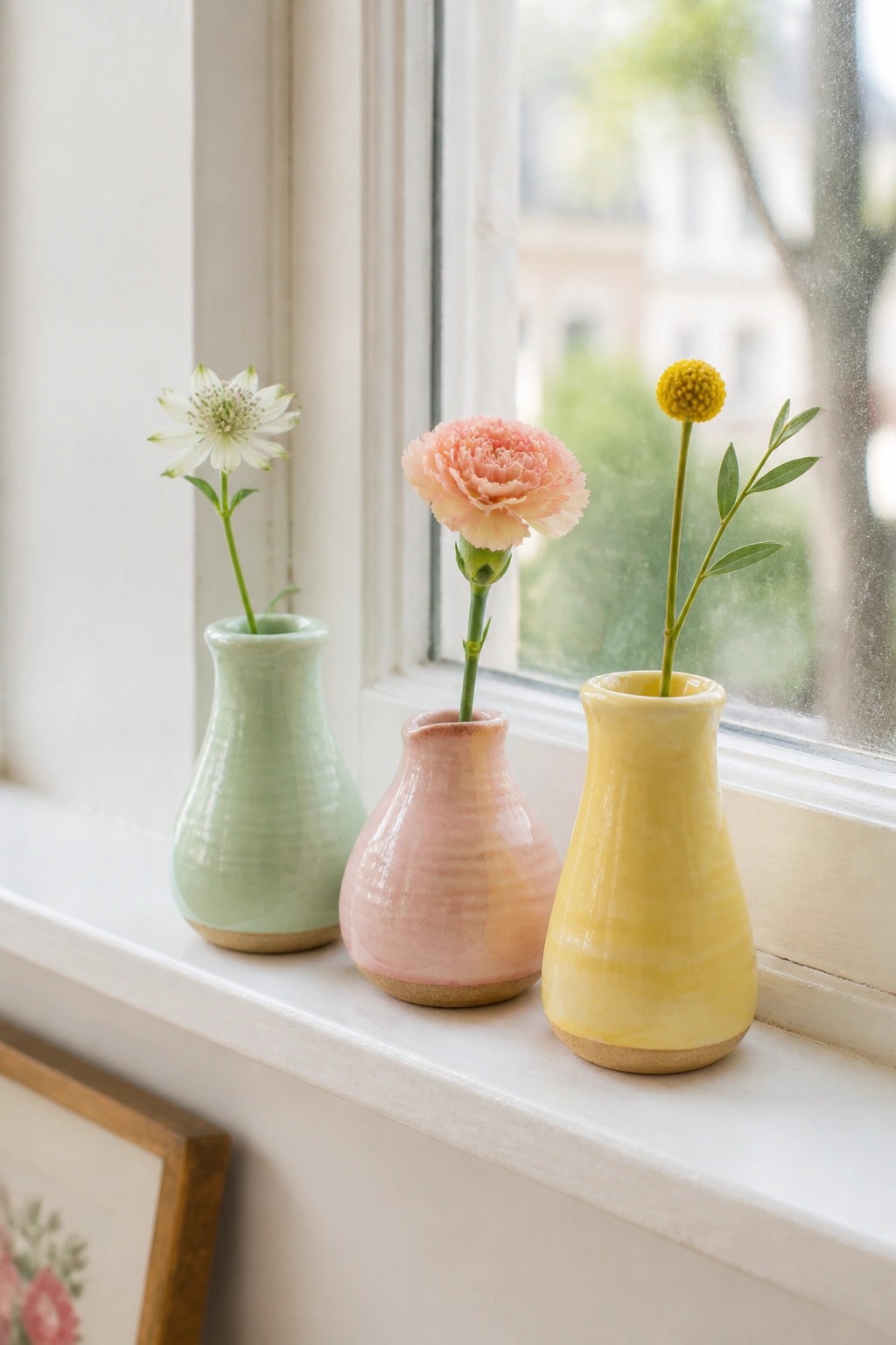 Three pastel vases in green, pink, and yellow holding flowers on a windowsill.