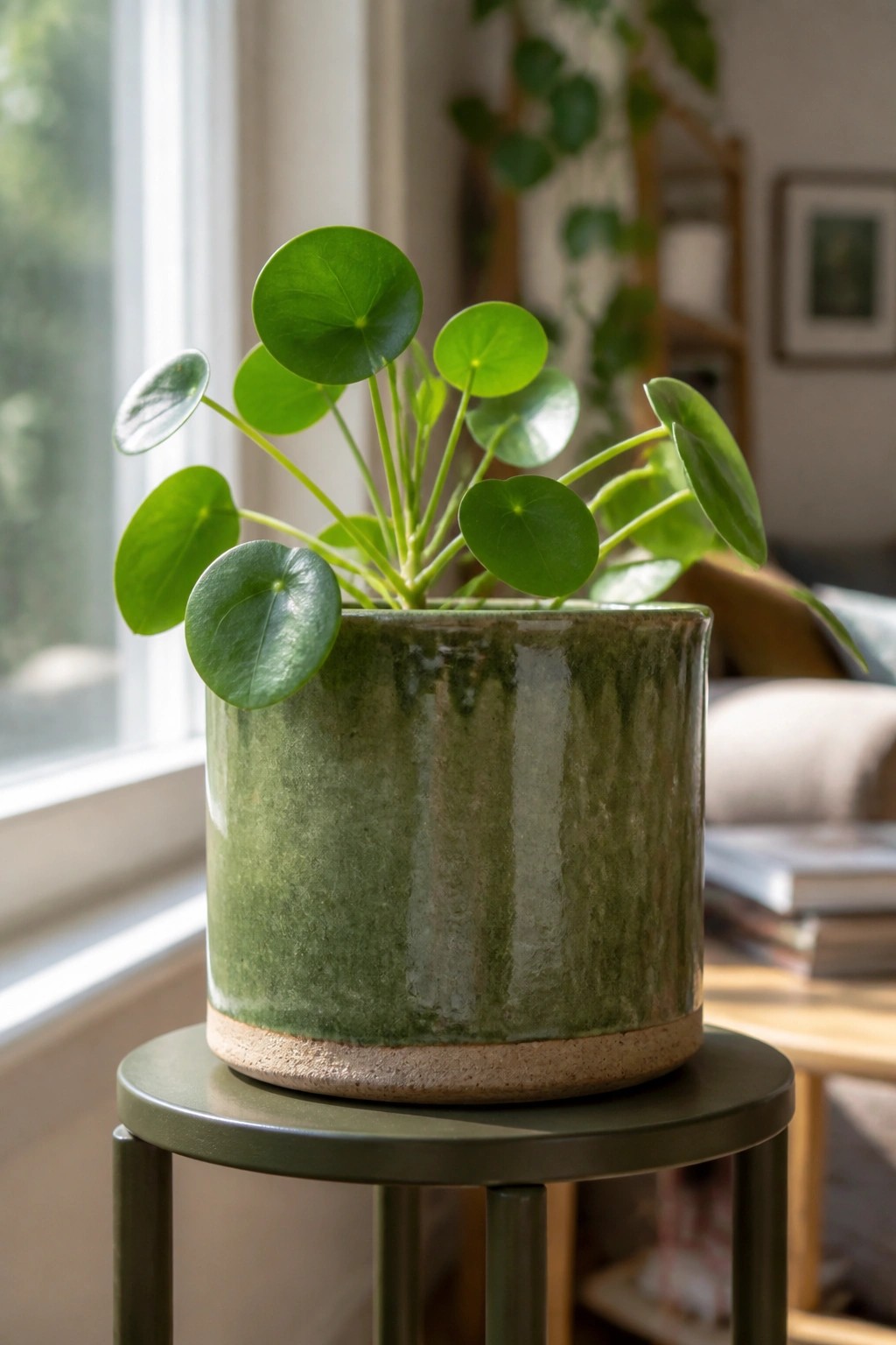 Green round-leaved plant in glazed green ceramic pot on dark stool