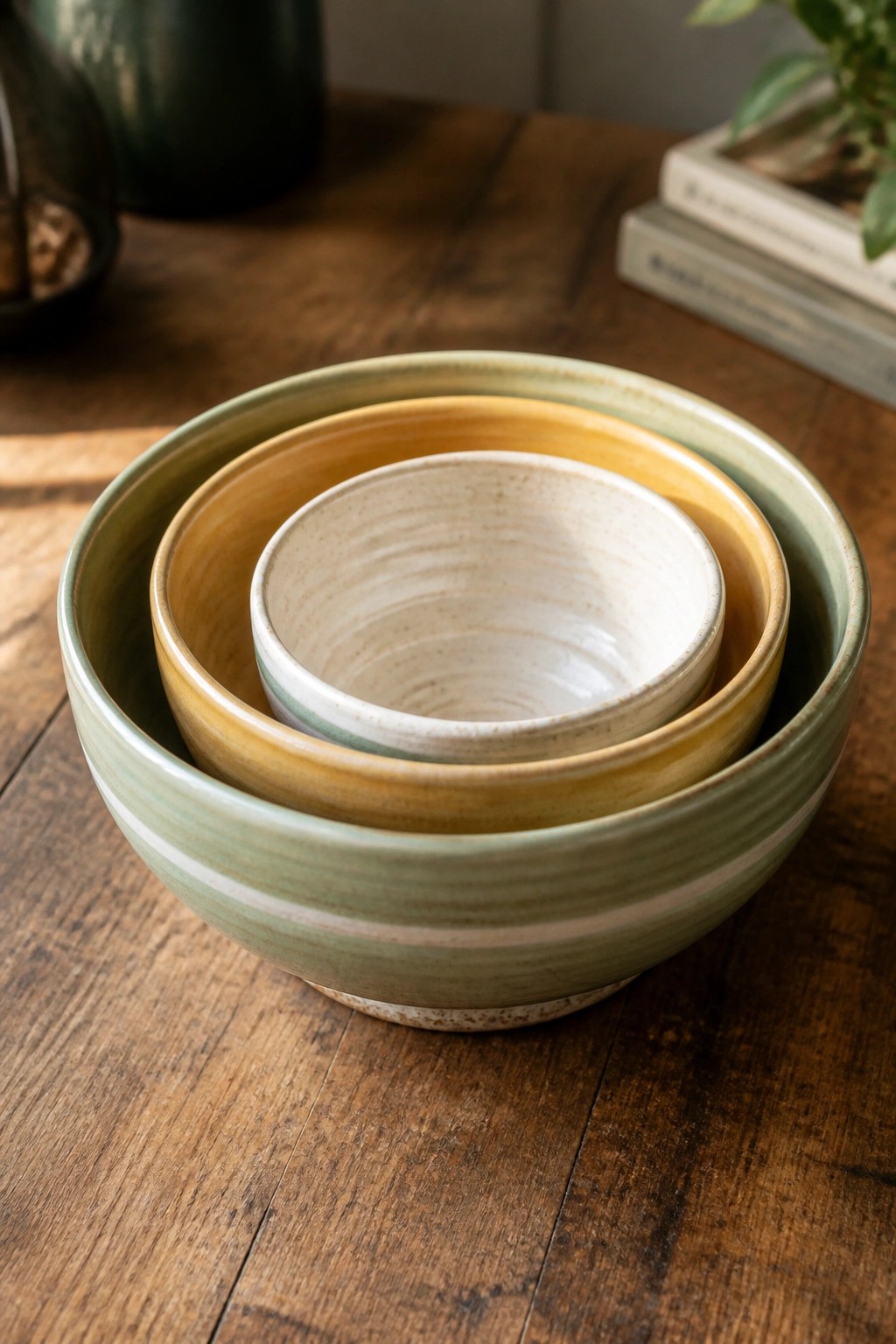 Three nested ceramic bowls in green, yellow, and white on wooden table