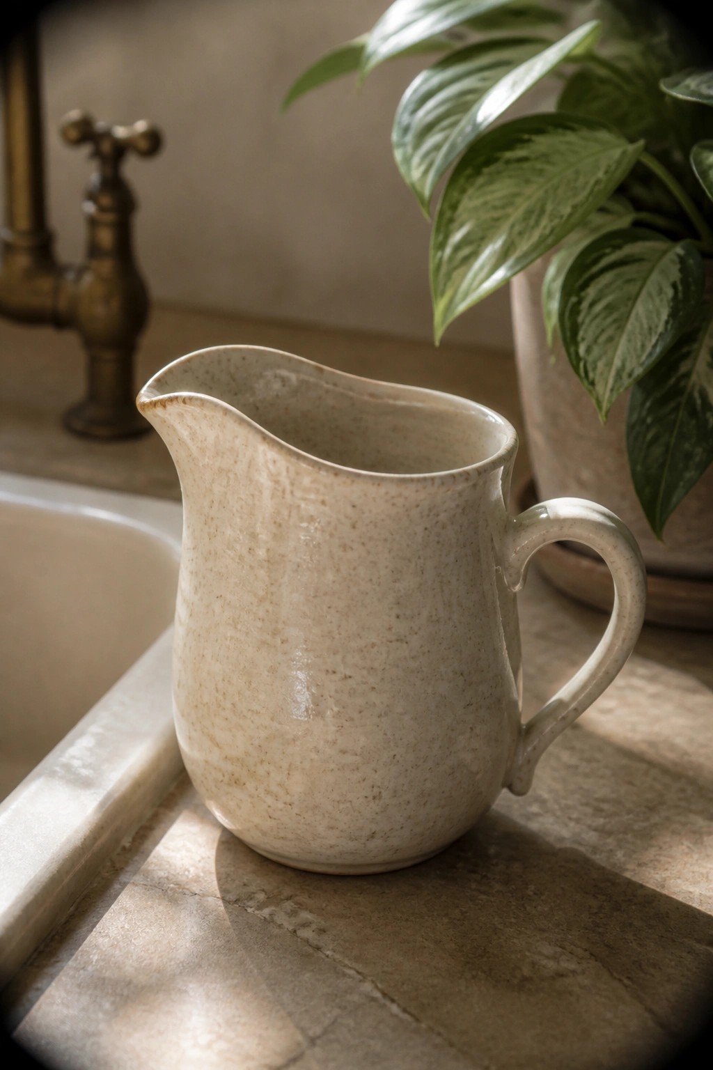 Beige speckled ceramic pitcher on marble counter near brass faucet and plant
