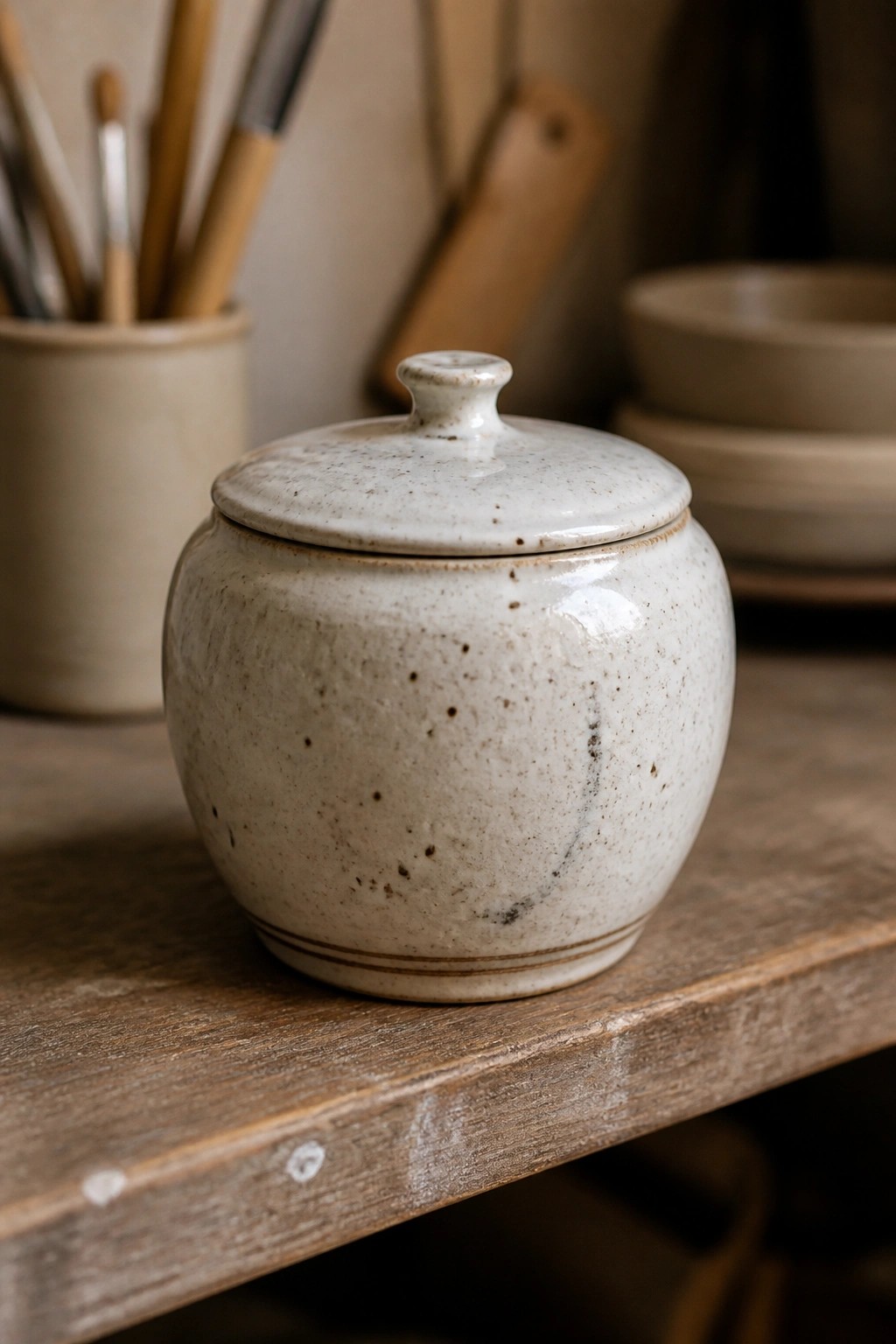 Speckled ceramic lidded jar on weathered wooden table with pottery tools behind.