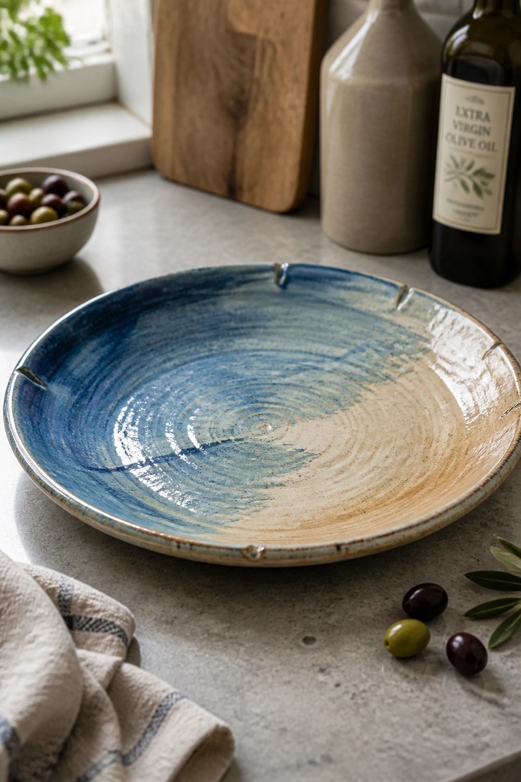 Blue ceramic bowl on kitchen counter with olives, oil bottle, and cloth