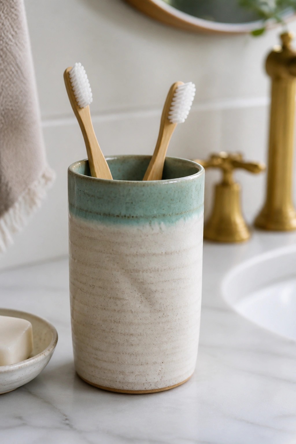Two bamboo toothbrushes in speckled turquoise ceramic holder on marble counter