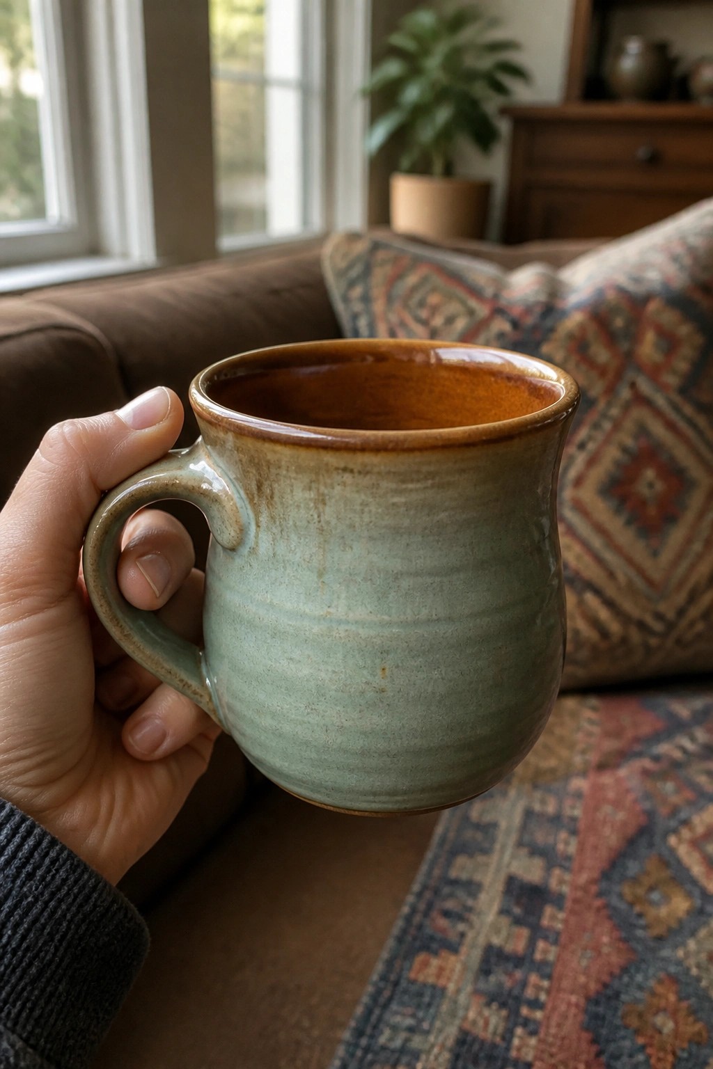 Hand in gray sleeve holding glazed green ceramic mug in living room