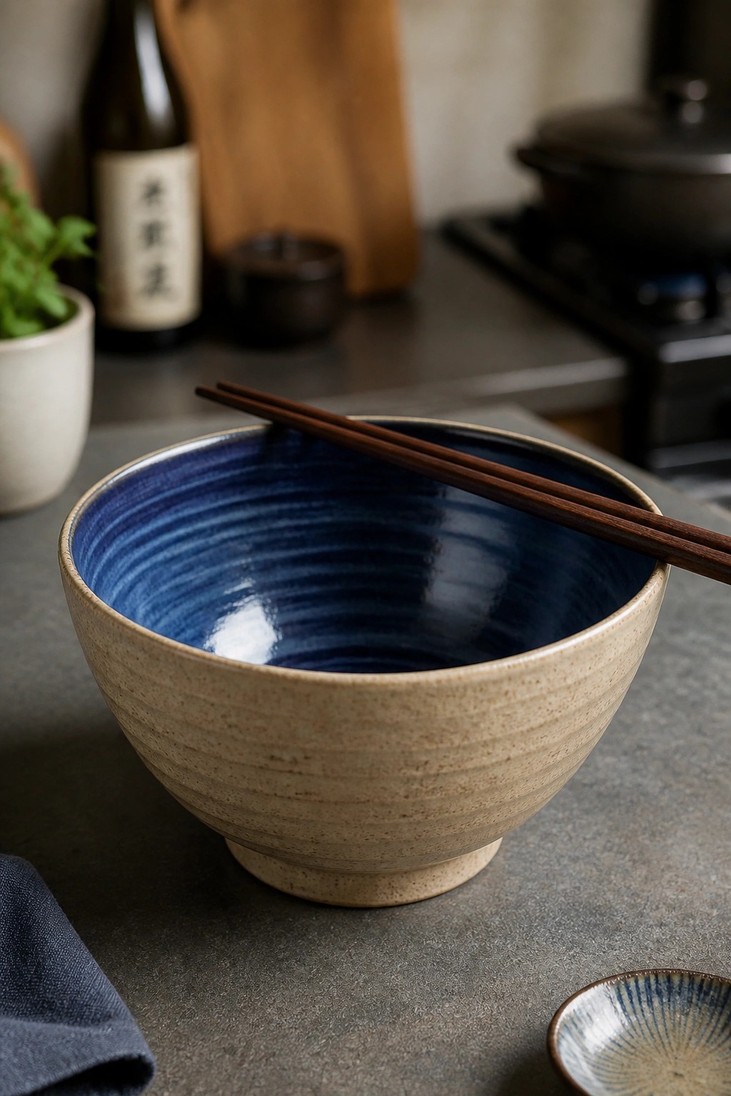 Blue ceramic bowl with wooden chopsticks on rustic kitchen counter