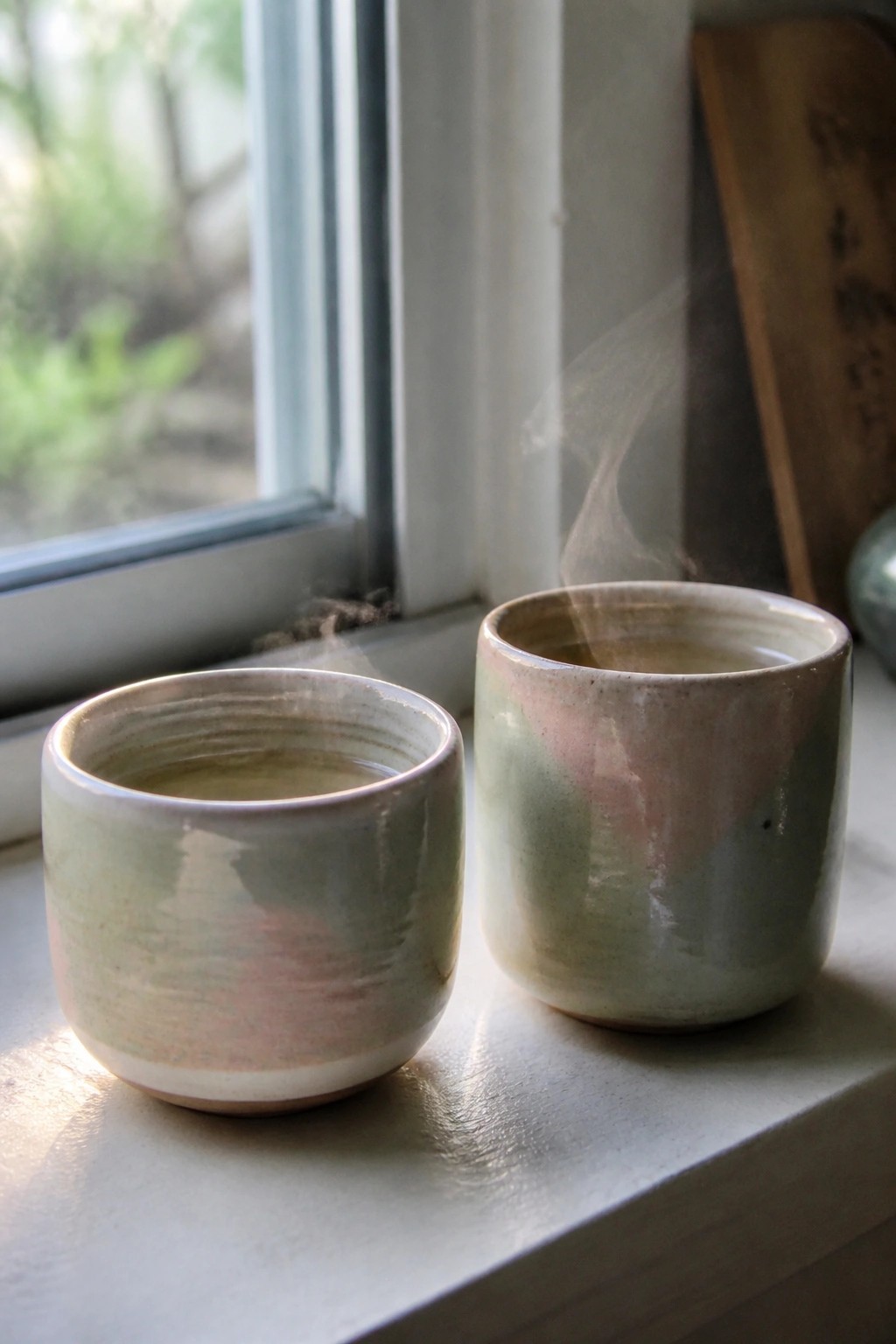 Two steaming marbled ceramic cups on a sunlit windowsill.